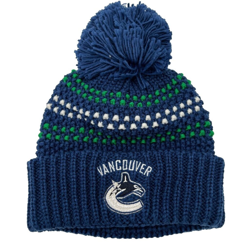 Adidas Unisex Blue Striped Knit Pom Pom Vancouver Canucks NHL Beanie Hat NWT